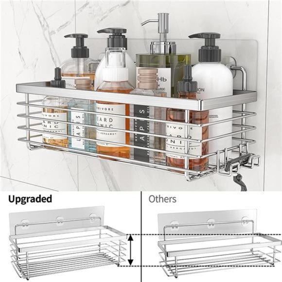 Silver Shower Organizer Shower Caddy Basket with Hooks Soap Dish Holder Shelf - Picture 3 of 7